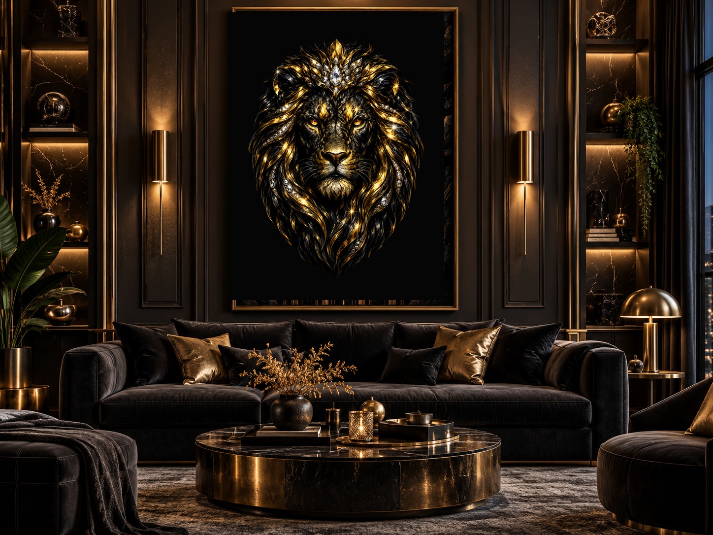 Arte de leão Black & Gold em uma sala sofisticada