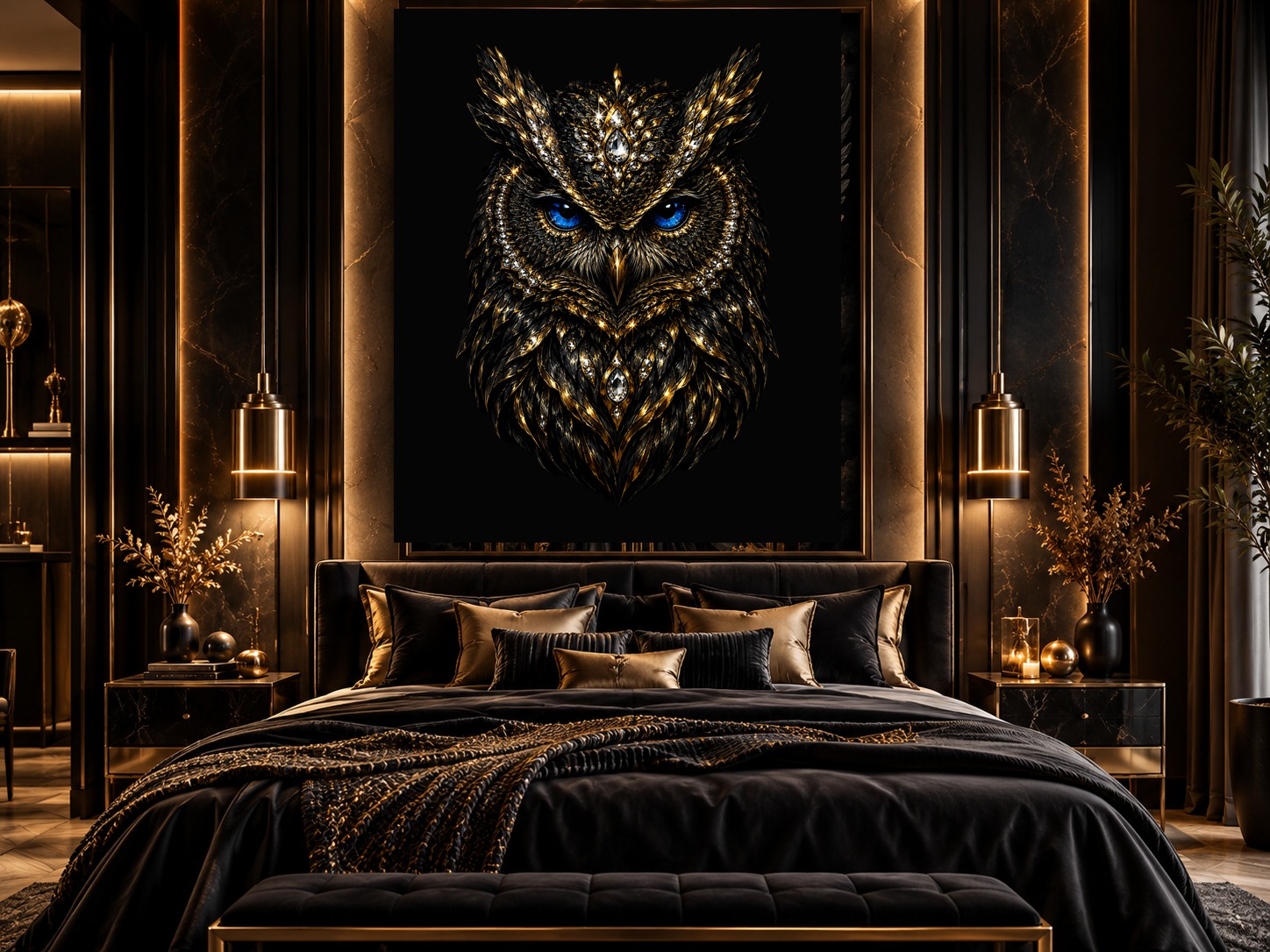 Arte de coruja Black & Gold em quarto sofisticado