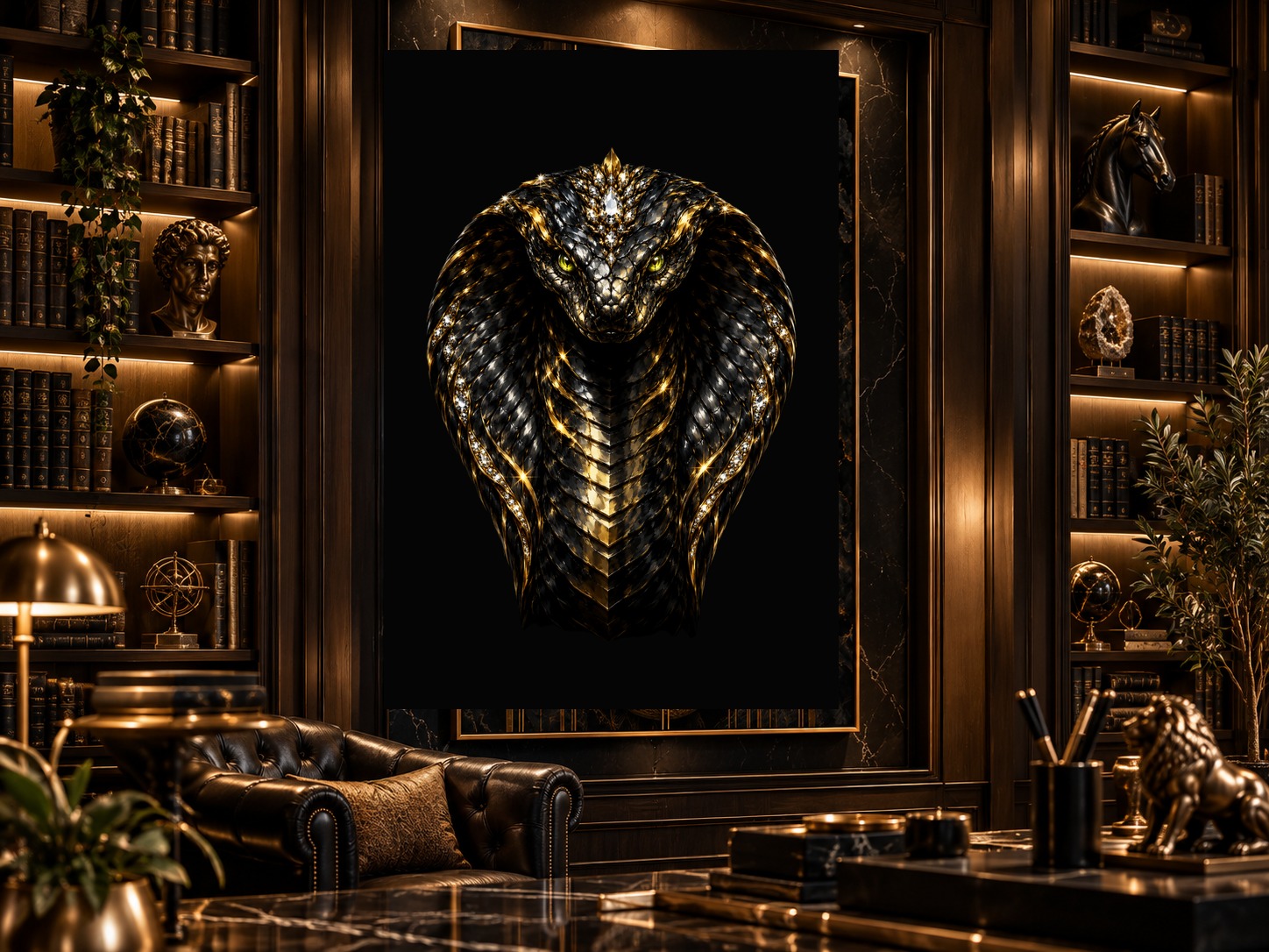 Arte de serpente Black & Gold em biblioteca sofisticada