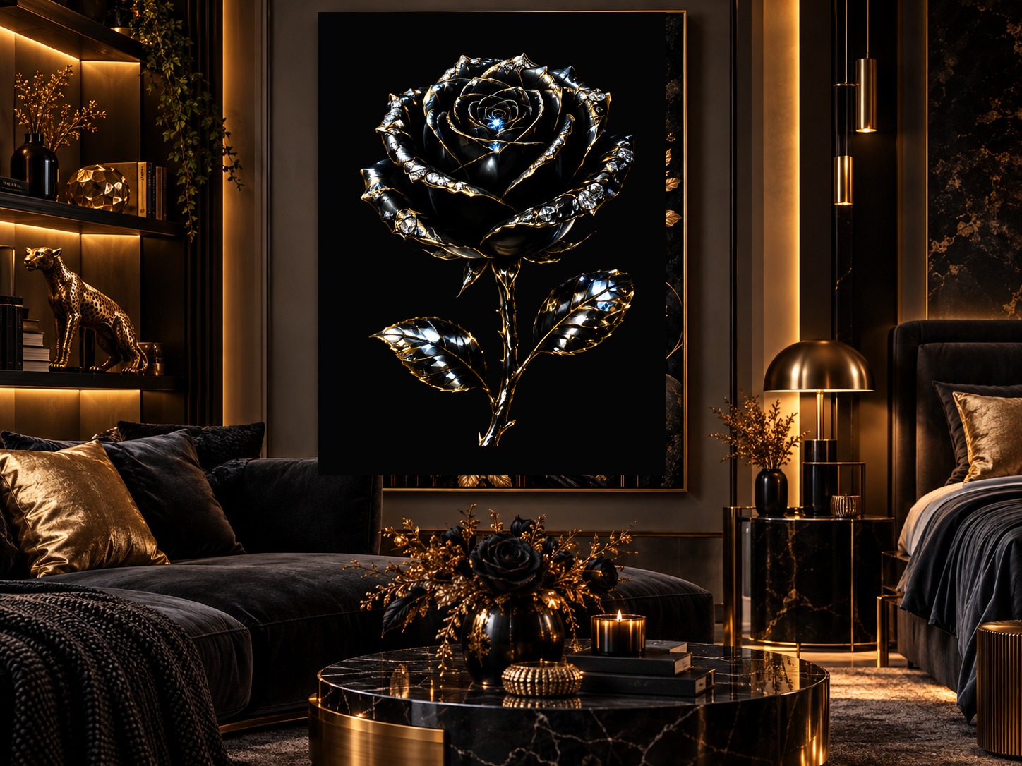 Arte de rosa negra Black & Gold em lounge