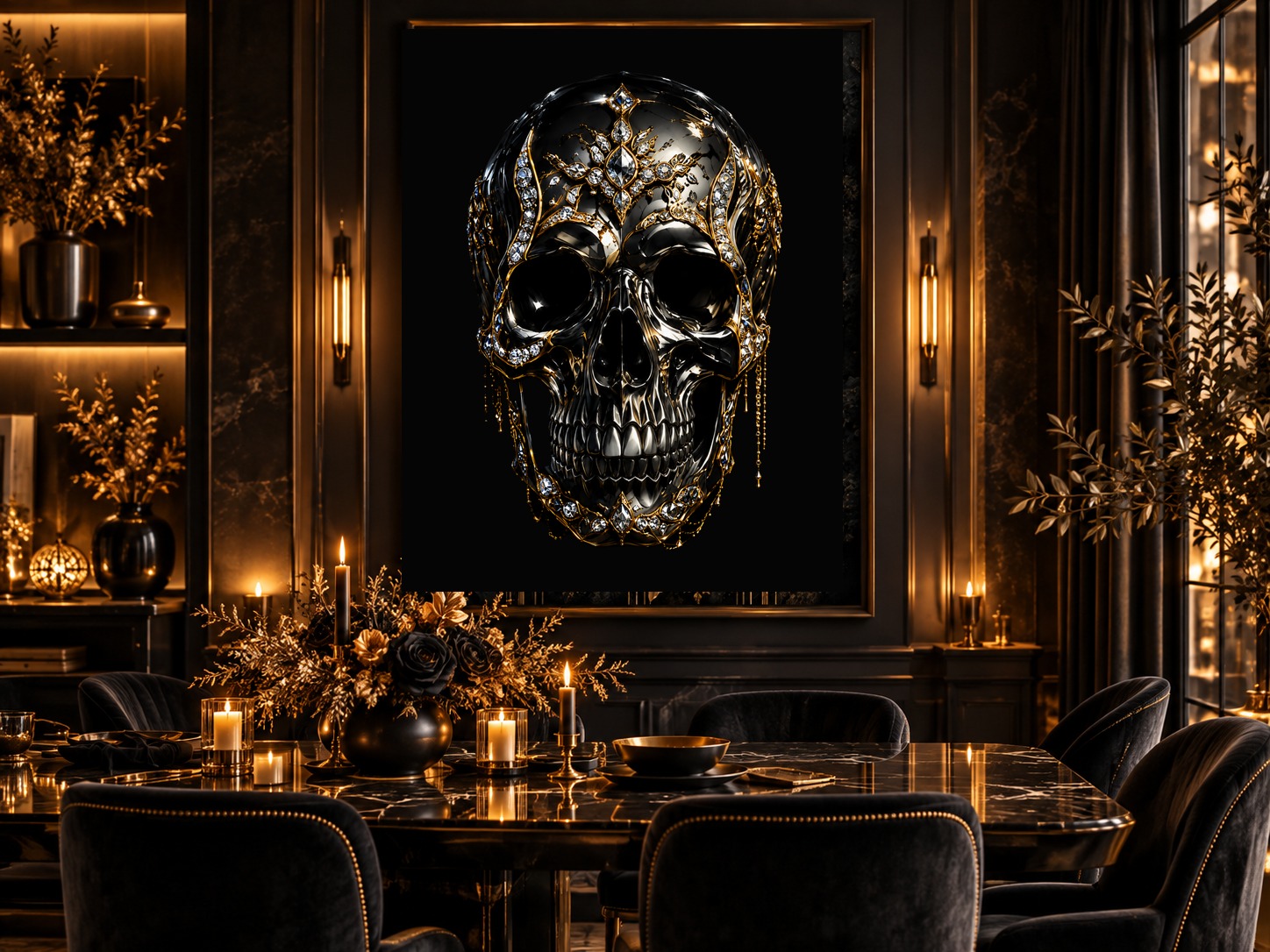 Arte de caveira Black & Gold em sala de jantar