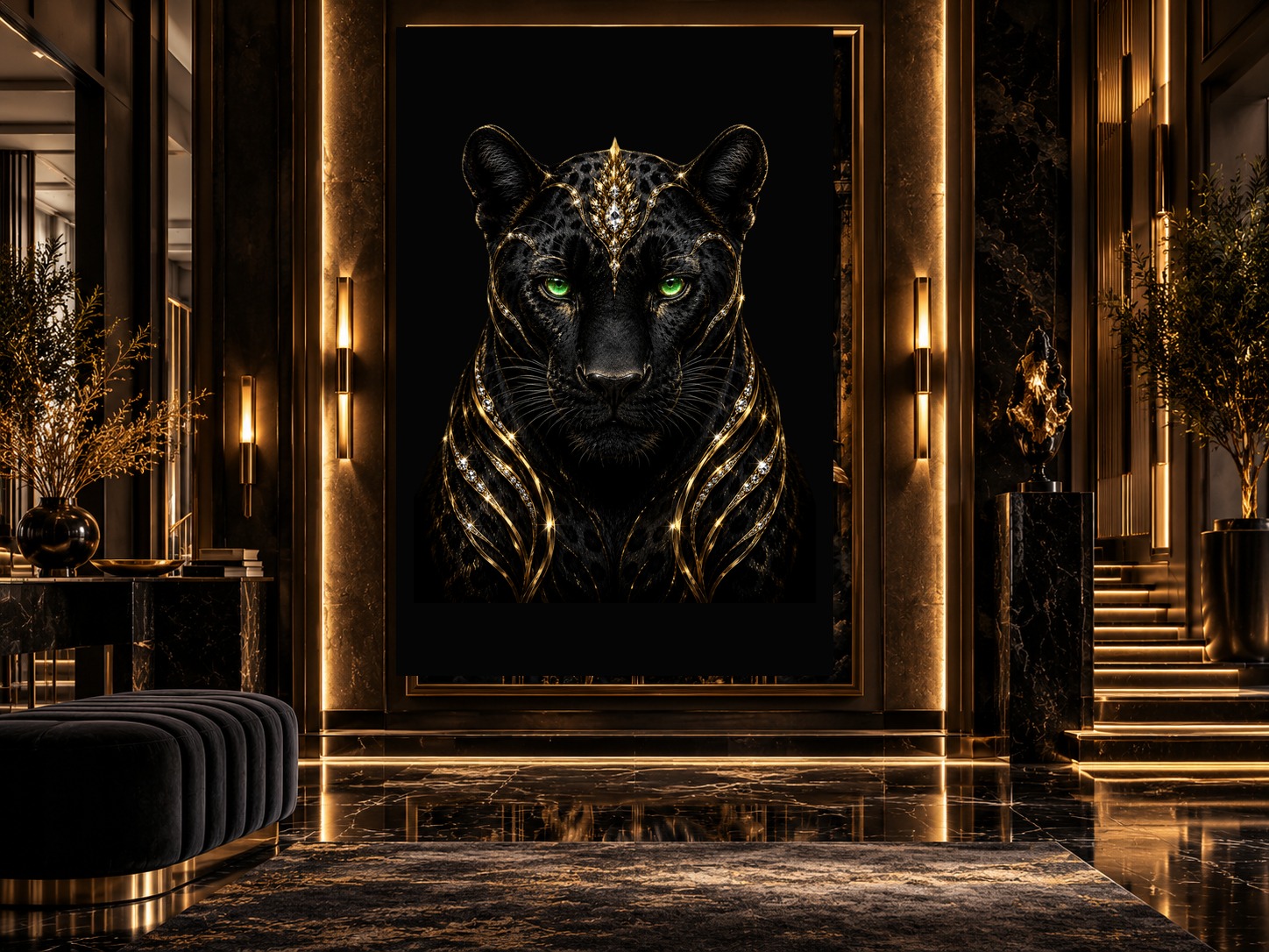 Arte de pantera Black & Gold aplicada em um hall sofisticado