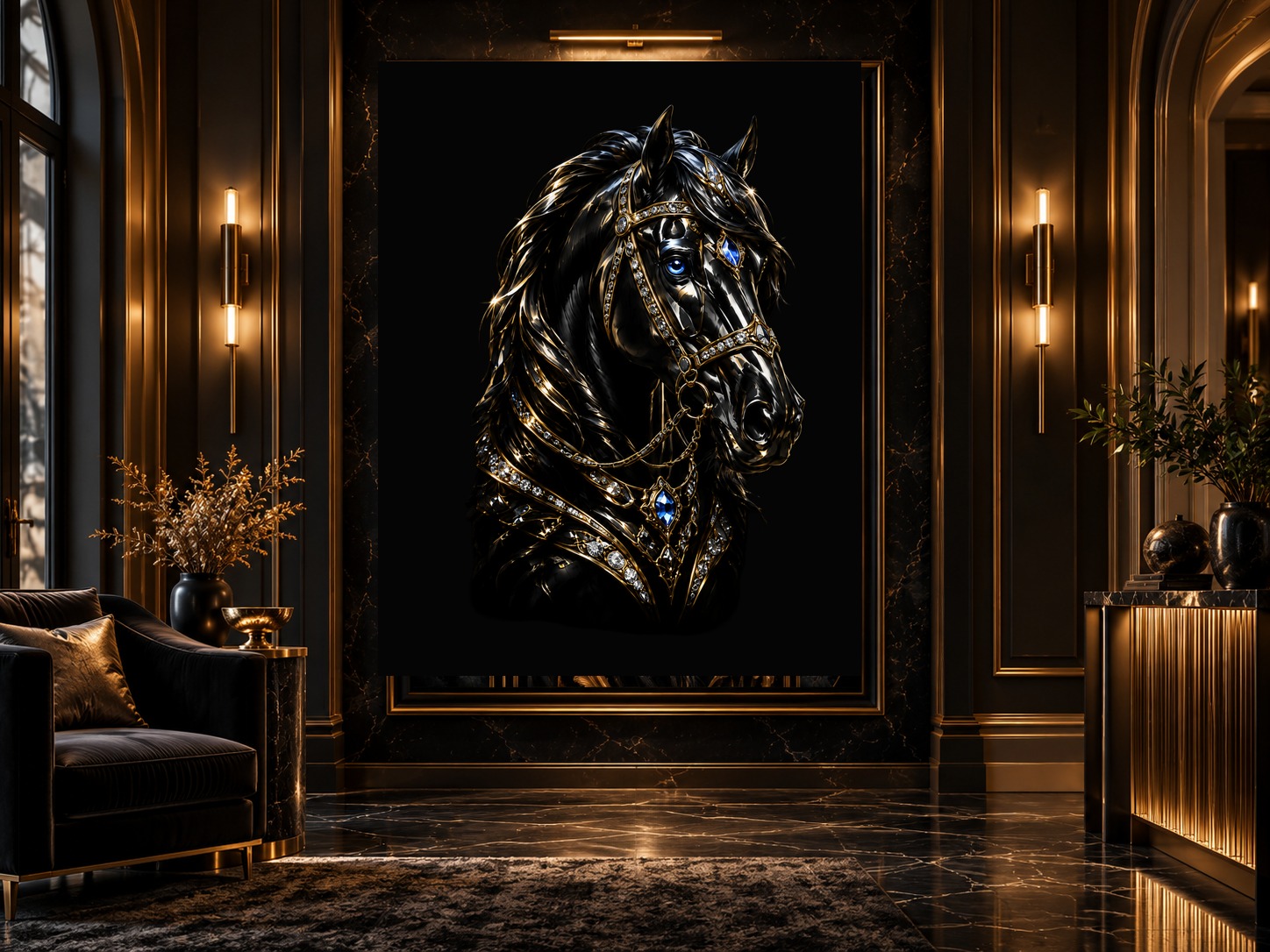 Arte de cavalo Black & Gold em salão sofisticado
